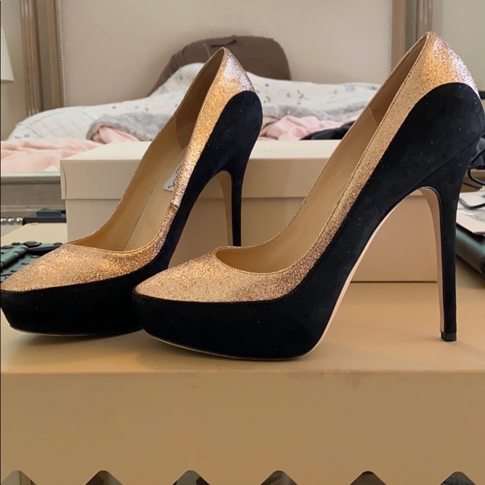 Jimmy Choo Sepia gold glitter and black suede pump